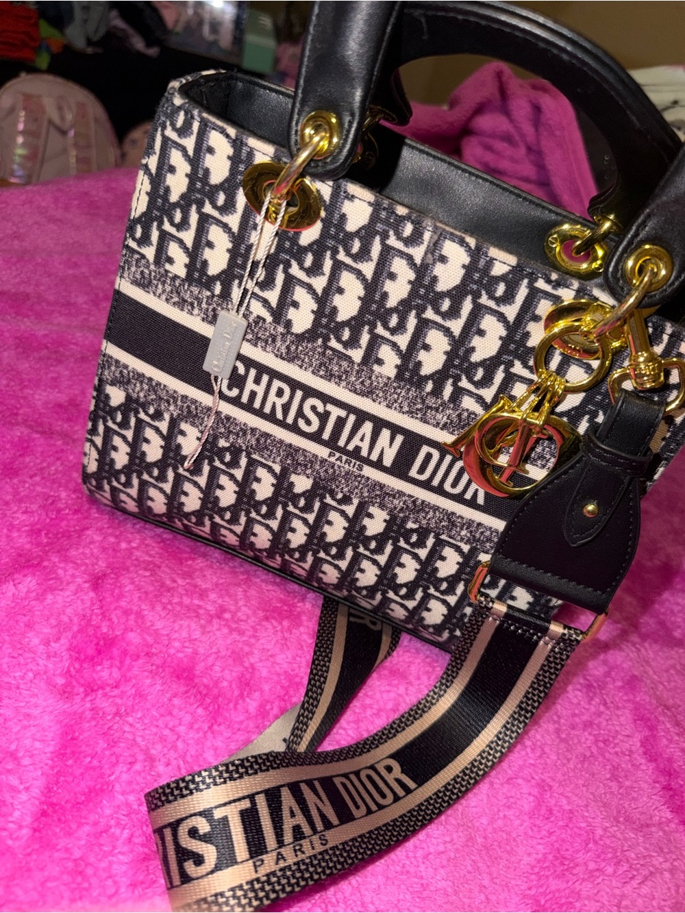 Dior Black and Cream Logo Satchel with Branded Strap